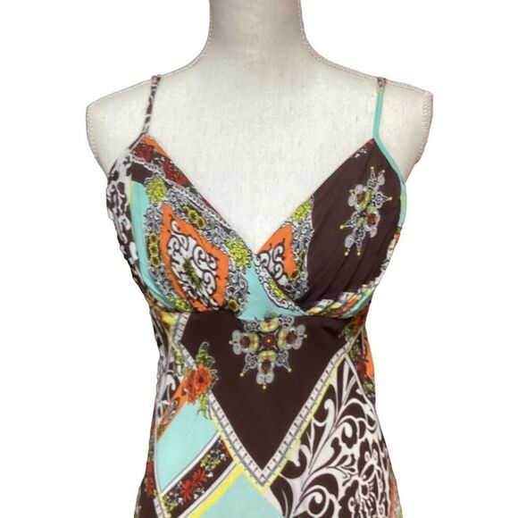 Lily A-Line Strap Brown Orange & Teal Patchwork Summer Midi Dress Size Large - Picture 2 of 11